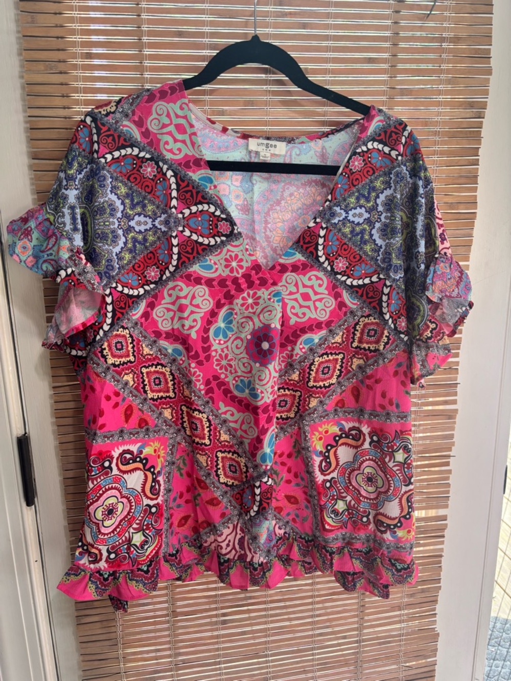 Umgee Womens Blouse Pink Bandana Print V-neck Ruffled Sleeve Small Shirt